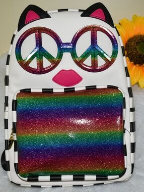 Bestsy Johnson, White Cat Face Backpack with Rainbow Glitter Peace Glasses